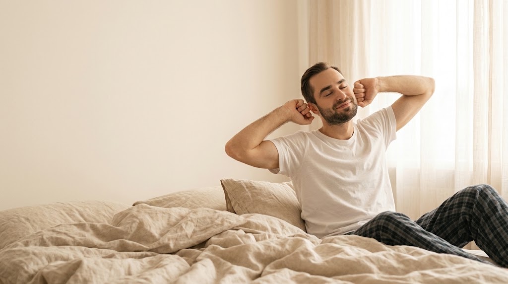 Person streckt sich am Morgen ausgeruht im Bett
