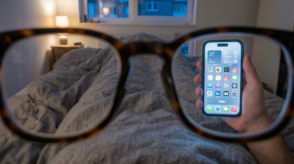 Blick vom Bett auf ein Handydisplay ohne Brille: Display und Zimmer wirken kalt und blaustichig