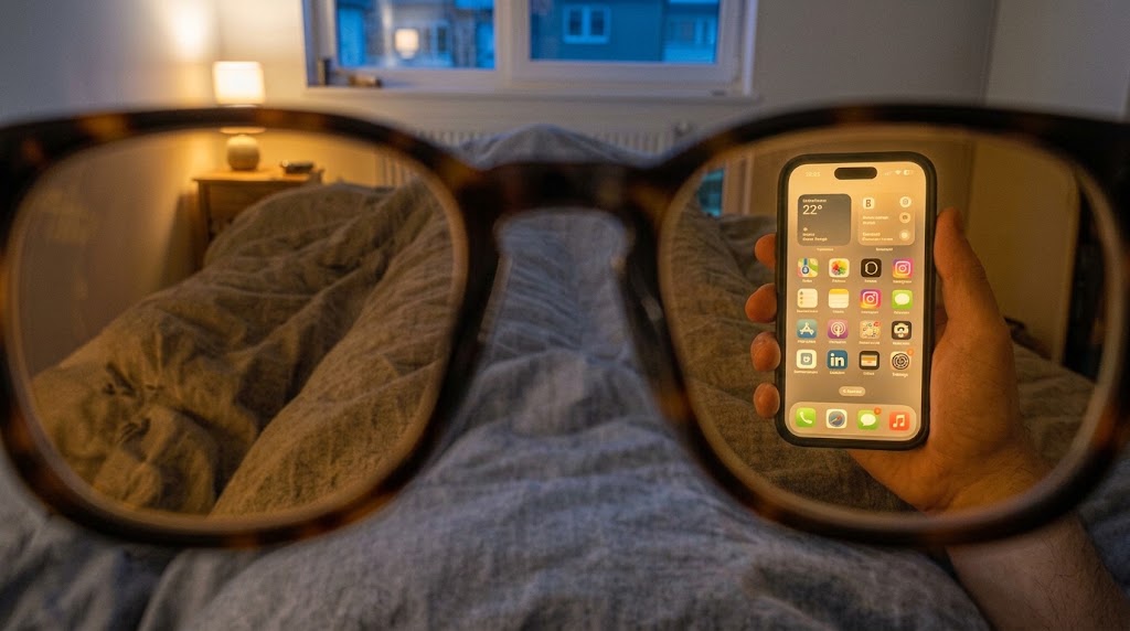 Dieselbe Szene durch die Amber Glasses: Display und Zimmer erscheinen warm bernsteinfarben, der Blauanteil ist herausgefiltert